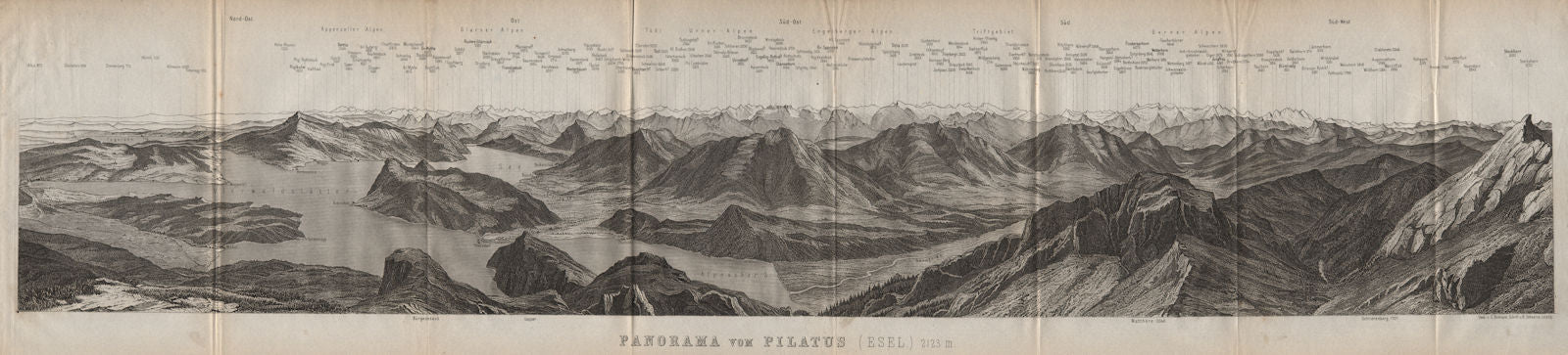 PANORAMA from/von PILATUS. Vierwaldstättersee. Lake Lucerne. Schweiz 1889 map